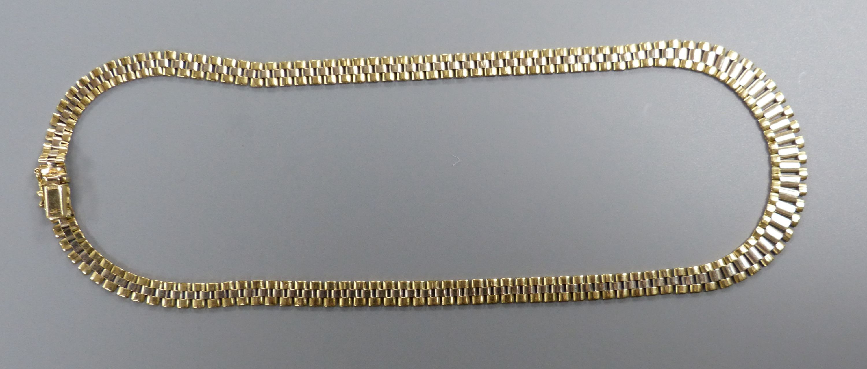 A modern two colour gold flat link necklace, 37cm,